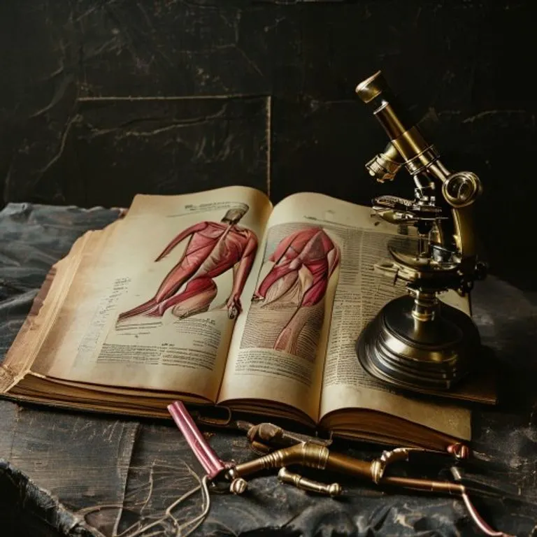 Un libro de anatomía antiguo abierto en una página con diagramas detallados de los músculos del muslo, acompañado de herramientas de medición y un microscopio vintage, iluminado con luz tenue.