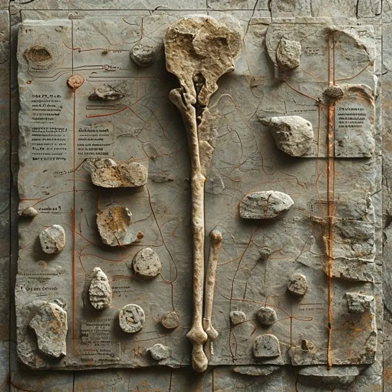 Arte conceptual que representa la evolución de las estructuras óseas, con fragmentos de fósiles y herramientas de medición antiguas sobre una superficie de mármol, bajo una luz dramática que resalta las texturas.