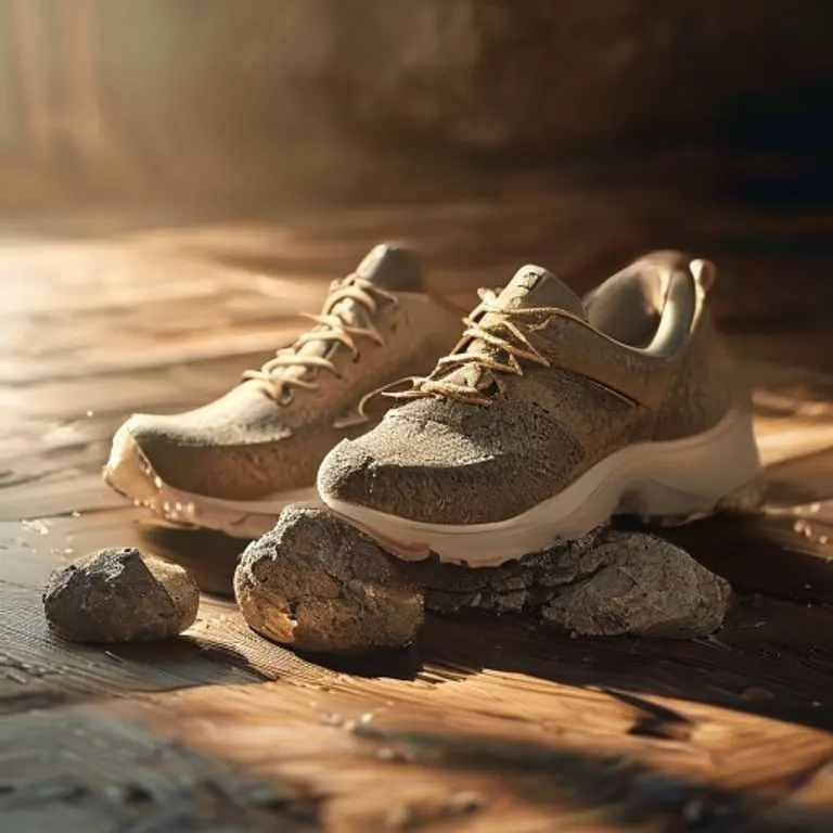Zapatillas de running ergonómicas y una torre de piedras equilibradas, simbolizando la estabilidad del pie.
