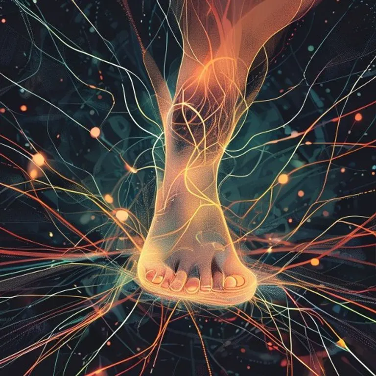 Ilustración conceptual de señales nerviosas y propiocepción en el pie, destacando la importancia del equilibrio.