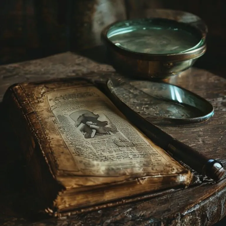 Fotografía de bodegón cinematográfico de un libro antiguo abierto en una ilustración mitológica de rapto, con siluetas de ovnis borrosas al fondo y una lupa vintage.