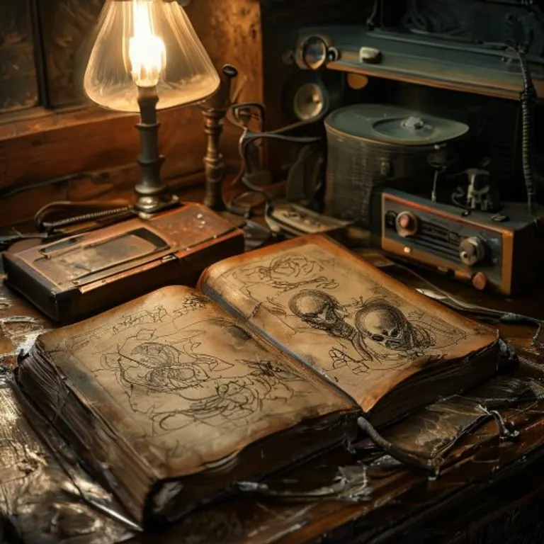 Fotografía cinematográfica de un diario de cuero abierto sobre un escritorio de madera, con bocetos de figuras alienígenas y símbolos, junto a una grabadora antigua y una lámpara de escritorio, con sombras dramáticas.