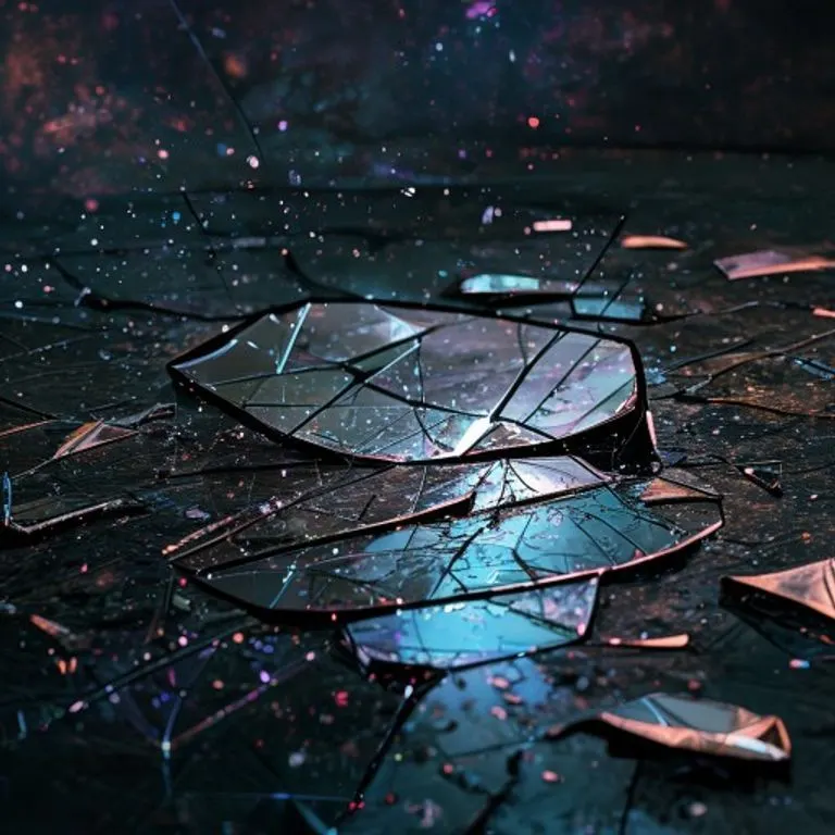 Arte conceptual de un espejo roto que refleja patrones cósmicos distorsionados, con fragmentos dispersos sobre una superficie oscura y reflectante, simbolizando recuerdos fragmentados y percepciones alteradas, con iluminación surrealista y un fondo de espacio profundo.
