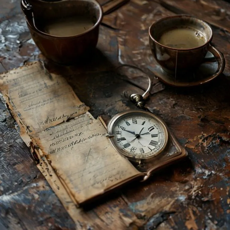 Un reloj de bolsillo antiguo abierto sobre un escritorio de madera gastado, con las manecillas detenidas en una hora imposible, rodeado de notas desordenadas y una taza de café a medio beber, con iluminación suave y melancólica.