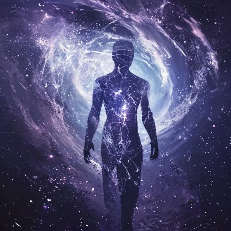 Una ilustración conceptual de una silueta humana fragmentada hecha de luz etérea, de pie frente a un vórtice arremolinado de polvo cósmico y estrellas tenues, simbolizando la fragmentación de la memoria y lo desconocido, con colores oscuros y contrastantes.