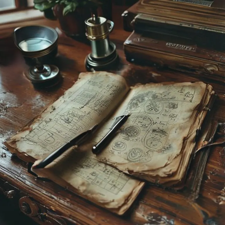 Fotografía still life vintage de un diario científico abierto con símbolos y diagramas, junto a una lupa y una grabadora antigua.
