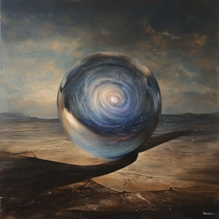 Pintura al óleo surrealista de una esfera de cristal con una galaxia en miniatura flotando sobre un paisaje desolado, con sombras misteriosas.