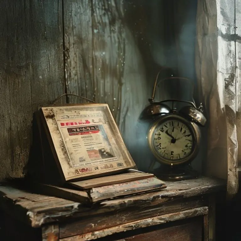 Una vieja revista de ovnis sobre una mesita de noche de madera, junto a un despertador vintage que marca las 3:33 AM, con motas de polvo sutiles en un rayo de luz lunar, evocando misterio y eventos olvidados.