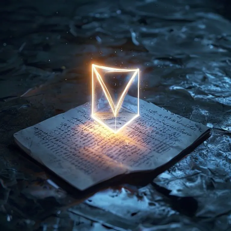 Una ilustración digital conceptual de un símbolo geométrico abstracto y brillante flotando sobre una página de diario arrugada con notas frenéticas, sobre una superficie metálica fría, con una atmósfera oscura y enigmática.