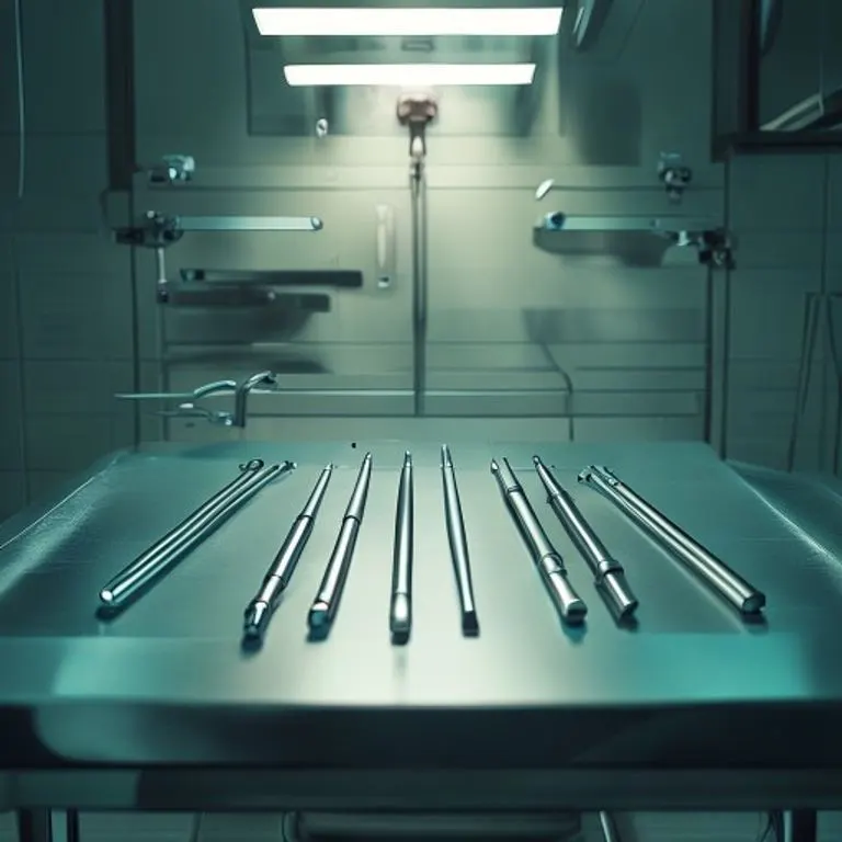 Mesa de examen estéril con instrumentos quirúrgicos futuristas, iluminada por una luz clínica, evocando una atmósfera fría e impersonal.