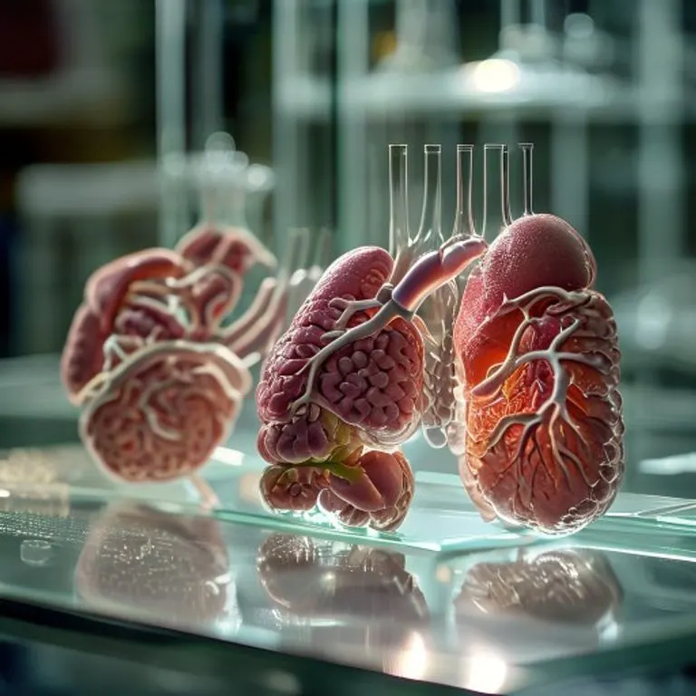 Fotografía de bodegón cinematográfico de modelos anatómicos miniaturizados y estilizados de órganos abdominales como el hígado, estómago e intestinos, dispuestos meticulosamente sobre una superficie de cristal estéril e iluminada, con una estética de laboratorio científico y enfoque en la textura y el detalle.