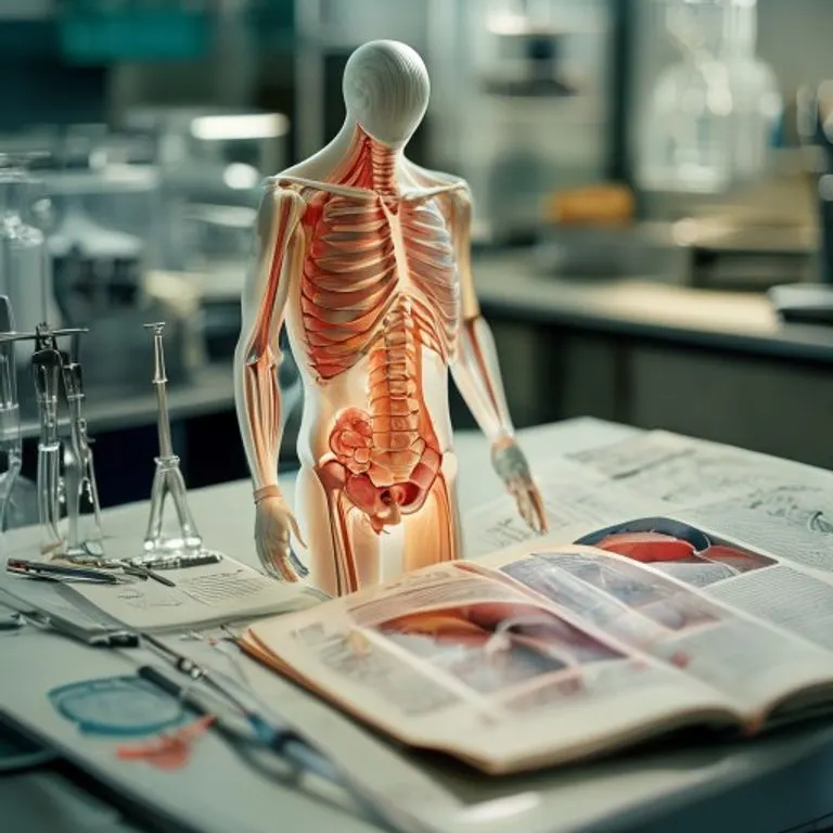 Fotografía macro de modelos anatómicos y herramientas médicas en un laboratorio