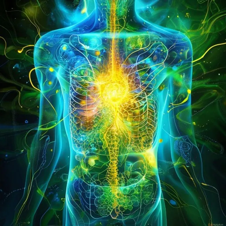 Arte conceptual abstracto de procesos energéticos y digestivos en un torso humano