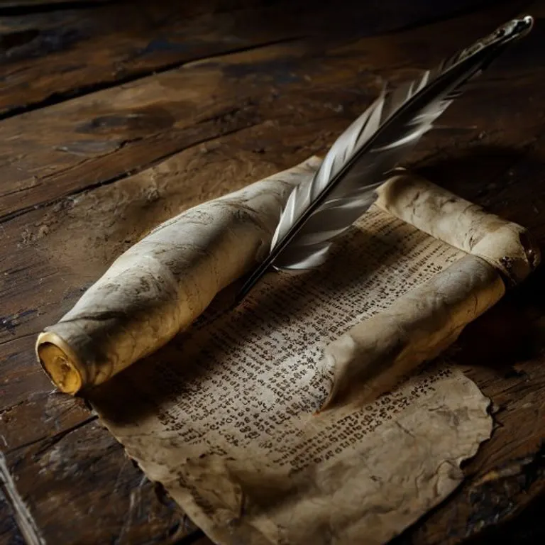 Pluma antigua y pergamino con un decreto formal sobre un escritorio de madera.