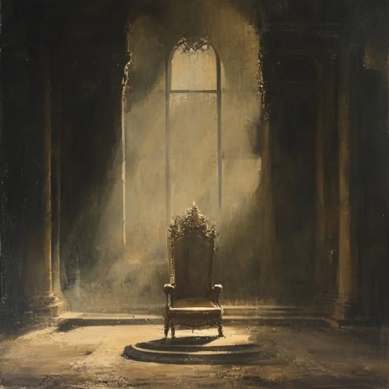 Sala del trono vacía con una silla ornamentada, iluminada por una luz tenue.
