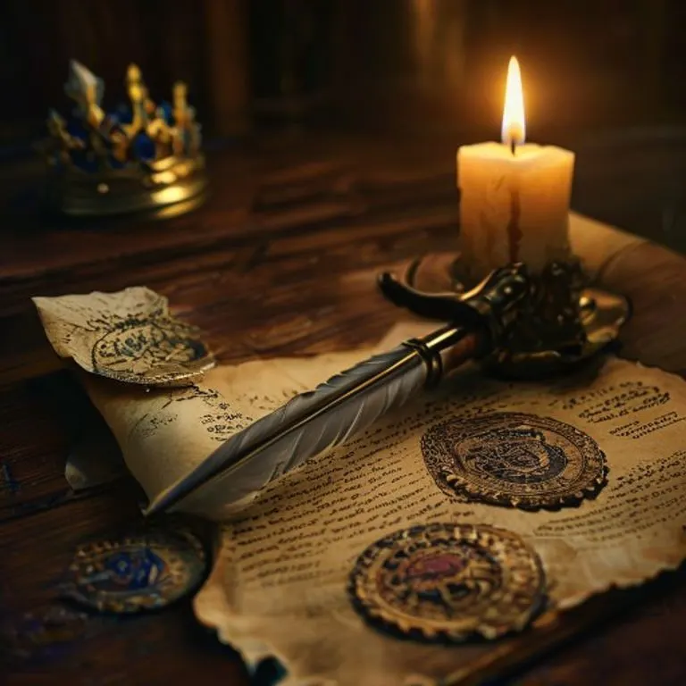 Una pluma de ave antigua sobre un pergamino enrollado con sellos de cera reales, iluminado por la luz tenue de una vela, simbolizando documentos históricos y la solemnidad de las renuncias al poder.