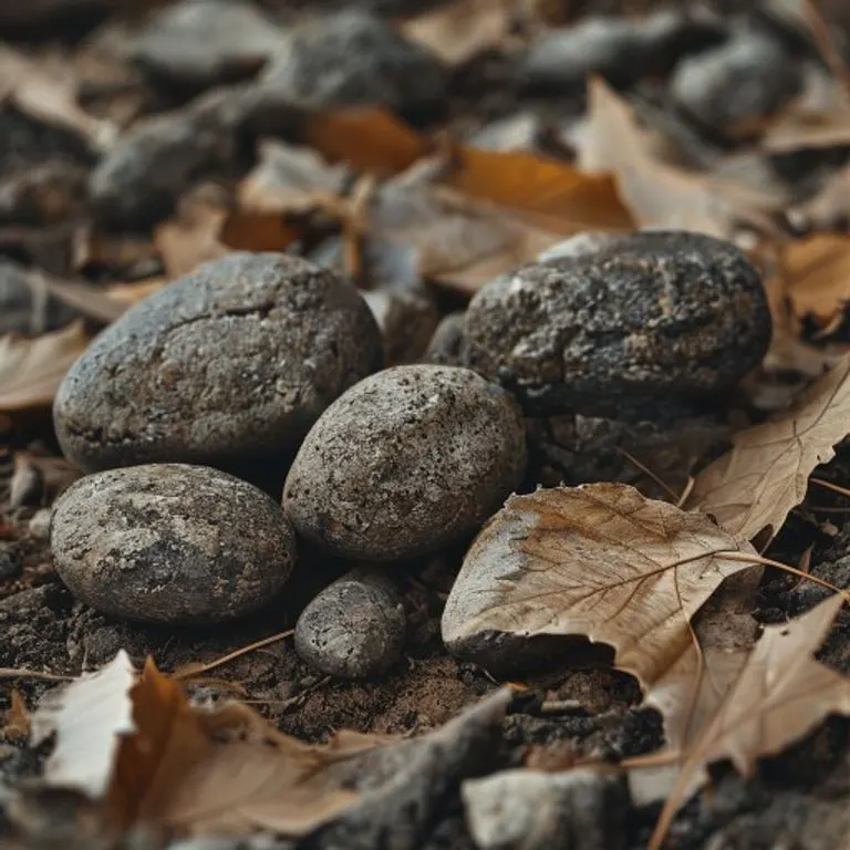 Fotografía macro de varios bifaces de piedra toscos y ovalados, dispuestos sobre hojas secas y tierra antigua, con un enfoque nítido en la textura del sílex y tonos terrosos.