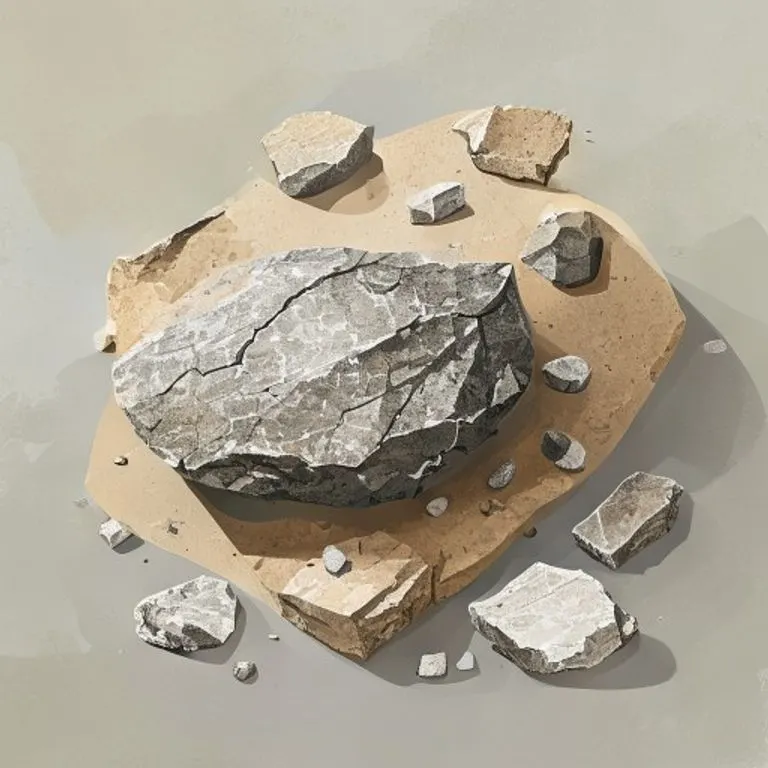Ilustración digital isométrica de un núcleo de piedra con lascas desprendidas a su alrededor, mostrando el proceso de talla de herramientas líticas primitivas, con una estética educativa y colores terrosos.