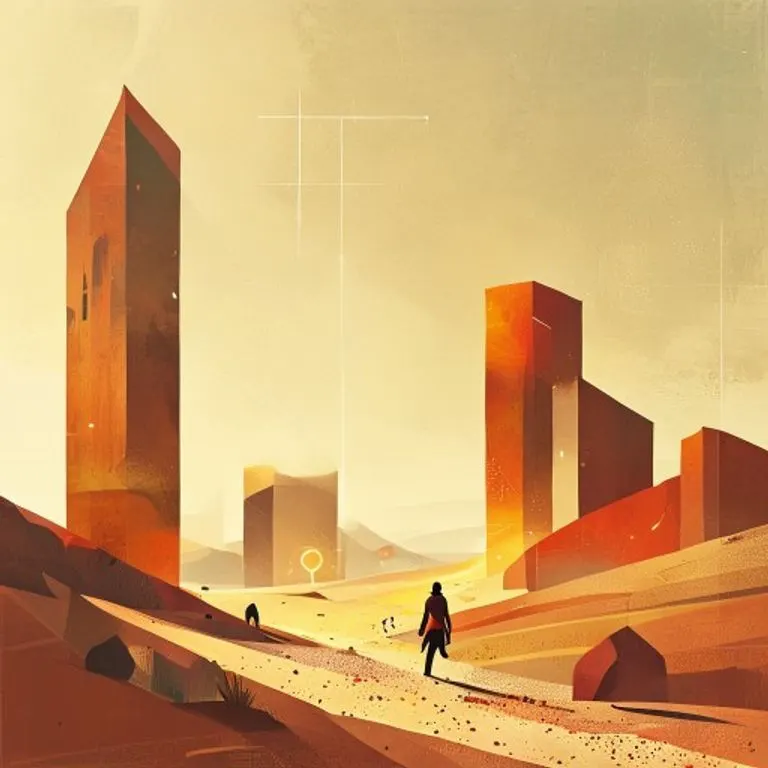 Arte conceptual que representa un viaje a través de un paisaje árido, con formas abstractas que sugieren recursos almacenados (formas geométricas, orbes brillantes) siendo transportados por una fuerza invisible, enfatizando la eficiencia y la supervivencia.