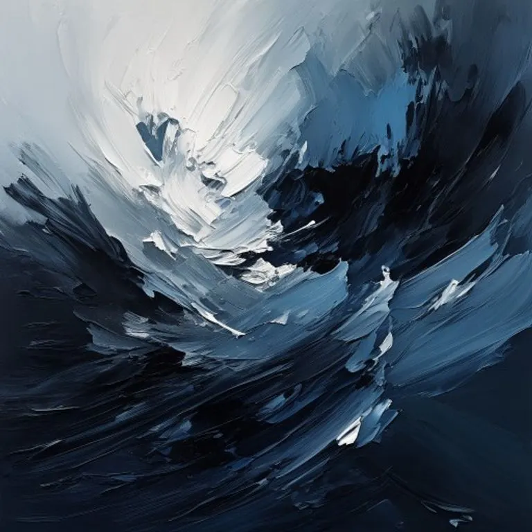 Pintura al óleo abstracta con pinceladas oscuras y azules, luz blanca rompiendo desde abajo.