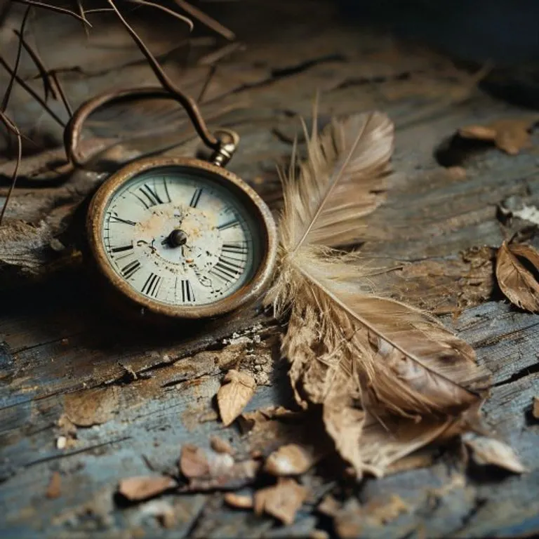 Fotografía vintage de un reloj de bolsillo oxidado y abierto sobre una mesa de madera, con las manecillas detenidas. Junto a él, una pluma descolorida y hojas secas, con iluminación suave.