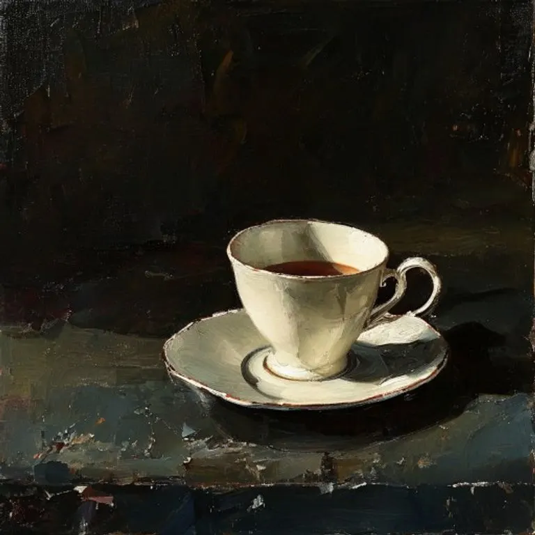 Pintura al óleo conceptual de una taza de té medio vacía y volcada sobre un mantel oscuro, con una vela sin encender proyectando sombras largas. La escena evoca soledad y profunda introspección.