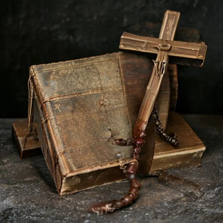 Libro teológico antiguo, rosario y crucifijo de madera en una superficie oscura.