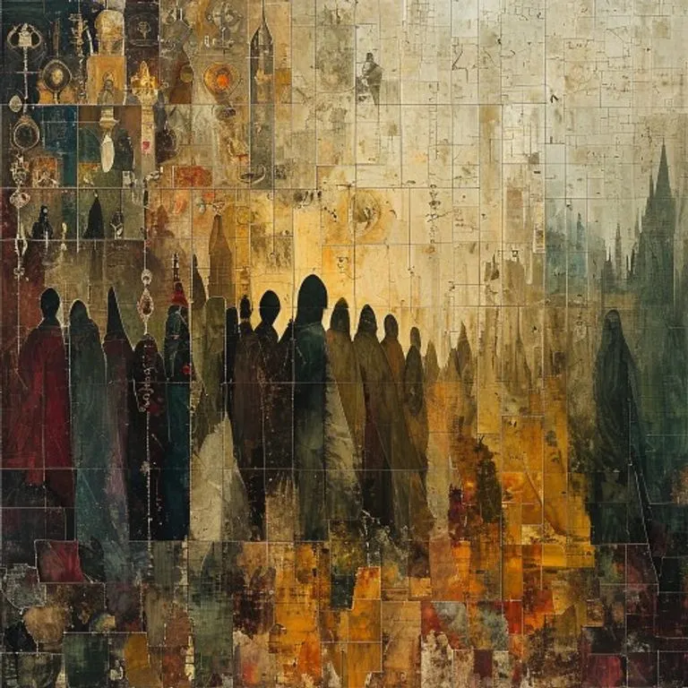 Mosaico fragmentado de símbolos eclesiásticos medievales a siluetas modernas.