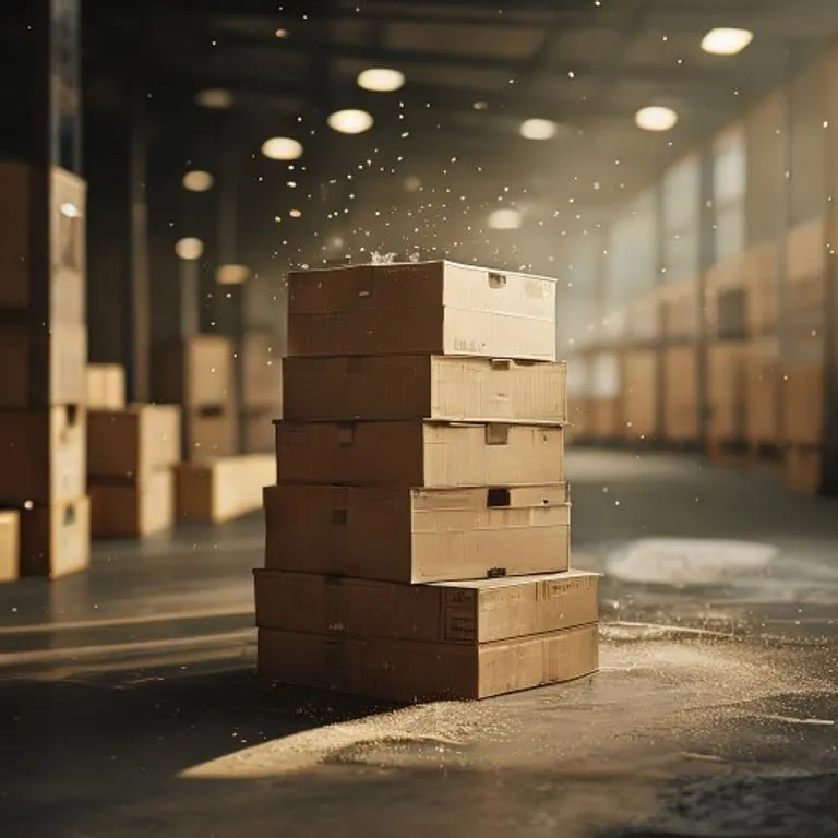 Fotografía cinematográfica de bodegón, una pila de cajas de envío cuidadosamente embaladas en el suelo de un almacén, iluminación industrial cálida, sutiles motas de polvo en el aire, enfoque en texturas y profundidad de campo.