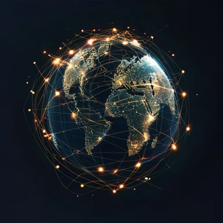 Arte conceptual, un globo estilizado con líneas interconectadas que representan rutas comerciales globales y cadenas de suministro, brillo sutil, diseño minimalista, fondo oscuro.