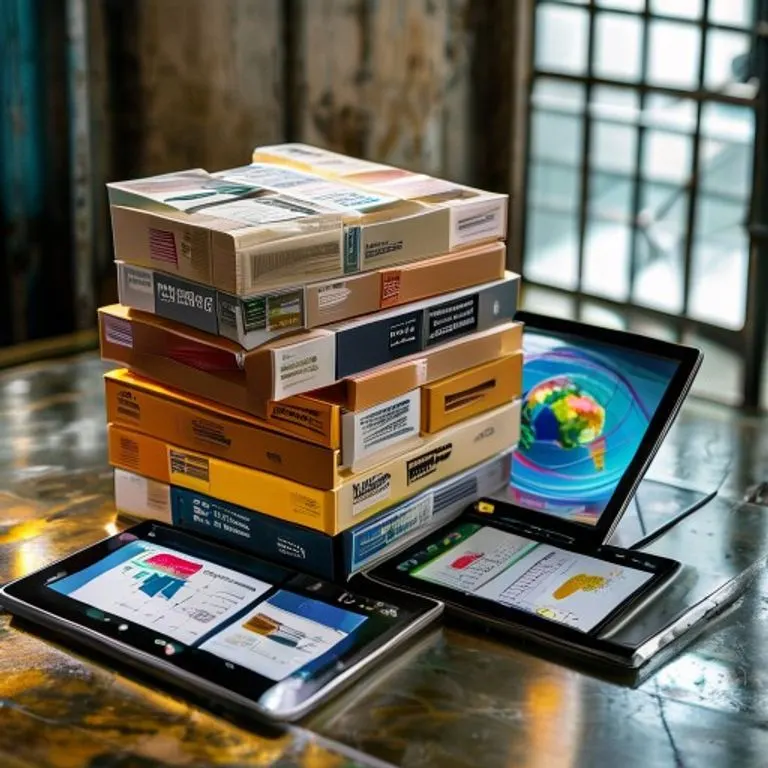 Bodegón fotográfico de una pila de cajas de productos con códigos de barras, una tableta mostrando un panel de control logístico y un globo terráqueo sobre una superficie metálica industrial, enfocado en la gestión global de la cadena de suministro.