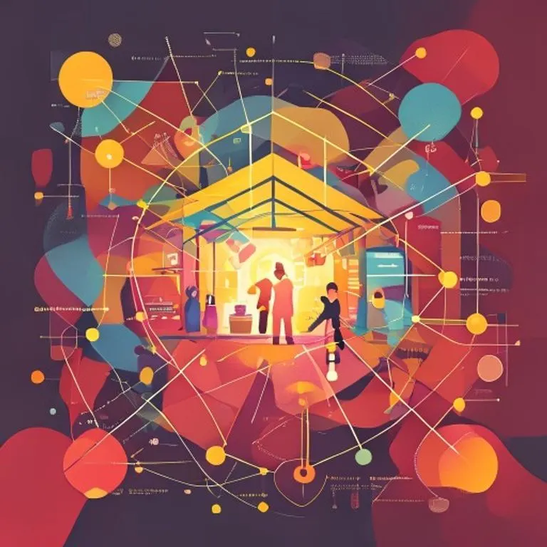 Ilustración abstracta de una pequeña tienda en una red de líneas interconectadas, simbolizando la comunidad