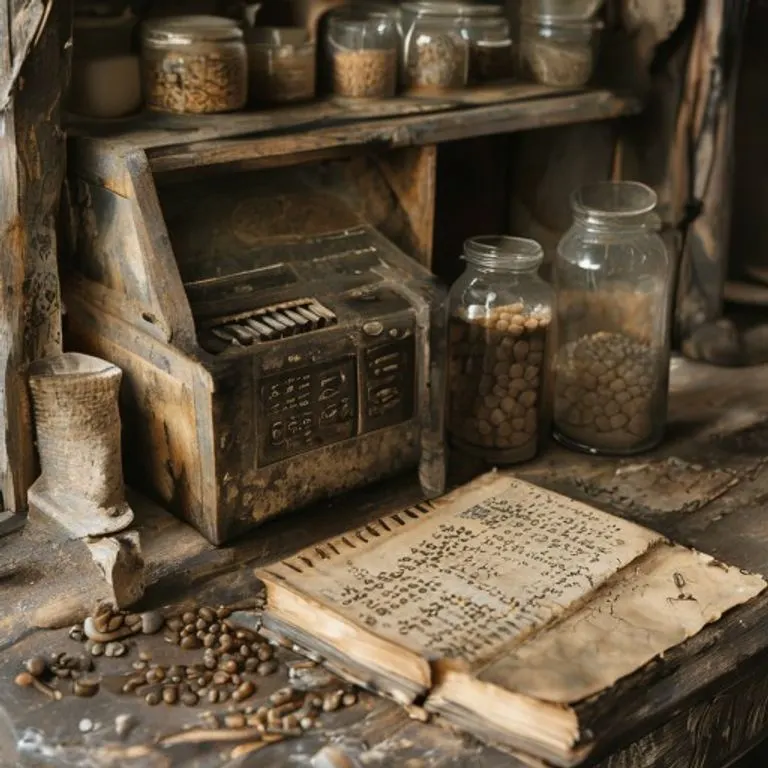 Fotografía vintage de un bodegón con una antigua caja registradora, un libro de contabilidad y frascos de alimentos secos.