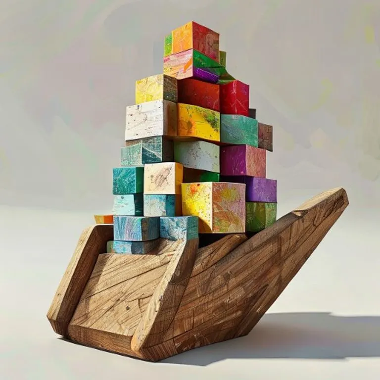 Renderizado 3D conceptual de una cuña de madera estilizada soportando bloques coloridos que representan productos alimenticios.