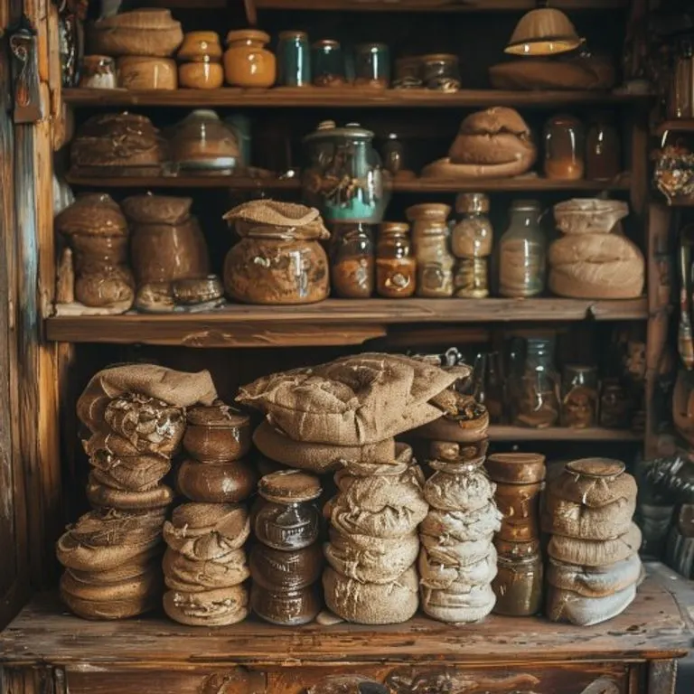 Fotografía cinematográfica de un mostrador de tienda antigua con productos apilados.