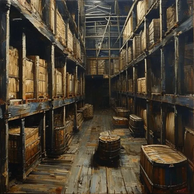 Pintura al óleo de la bodega de un barco llena de cajas y barriles.