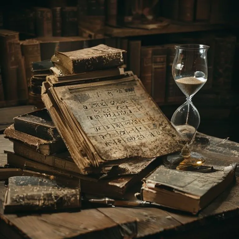 Fotografía de bodegón de un calendario viejo y polvoriento abierto en una fecha repetida, con libros sin leer y un reloj de arena estancado, simbolizando la inmovilidad y la falta de progreso.