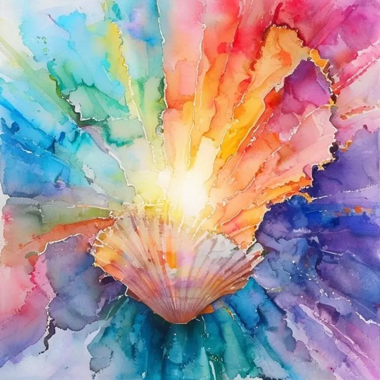 Pintura abstracta en acuarela con colores vibrantes que emergen de una cáscara rota, con líneas fluidas que se expanden, simbolizando la liberación y el inicio de un nuevo ciclo.