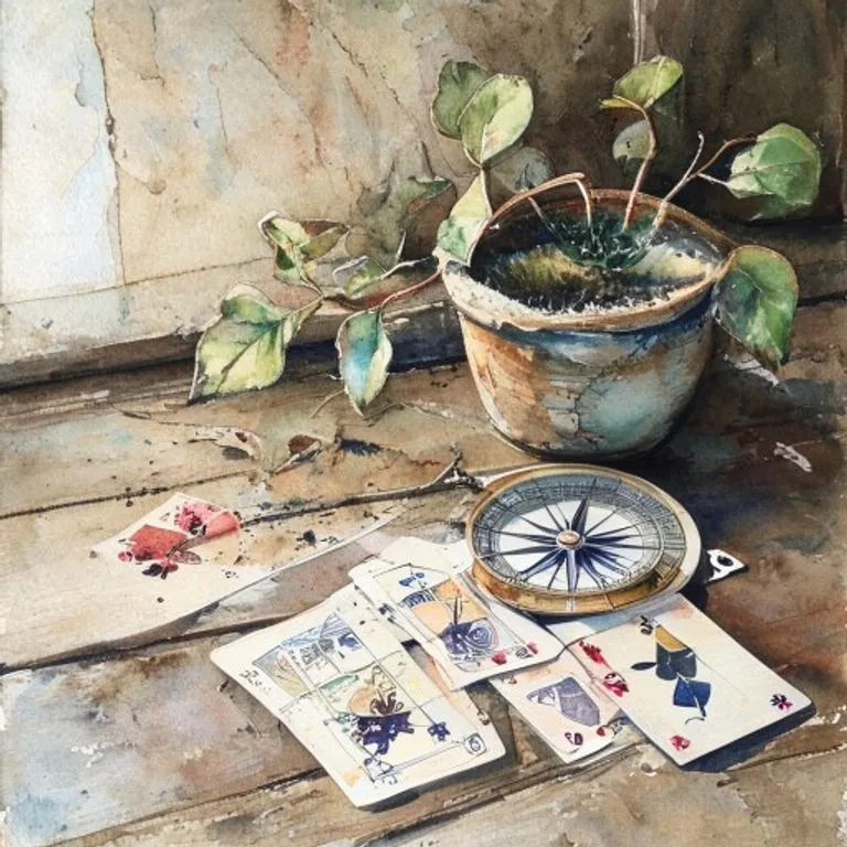 Pintura acuarela de una brújula rota, cartas de juego desordenadas y una planta marchita, simbolizando la desorientación y el estancamiento.