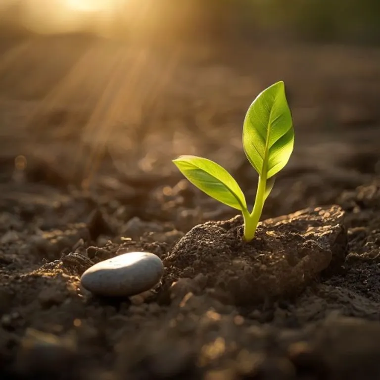 Fotografía cinematográfica de un brote verde emergiendo de tierra seca y agrietada, iluminado por un rayo de sol, simbolizando esperanza y recuperación.