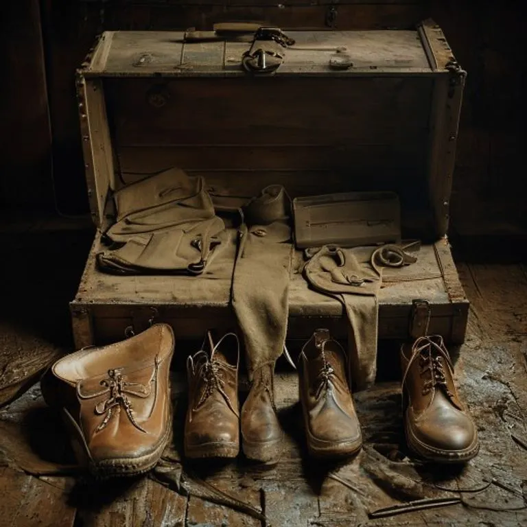 Fotografía de bodegón de un baúl militar antiguo con un uniforme doblado, botas gastadas y un kit de comida organizado sobre un piso de madera rústica, con iluminación dramática.