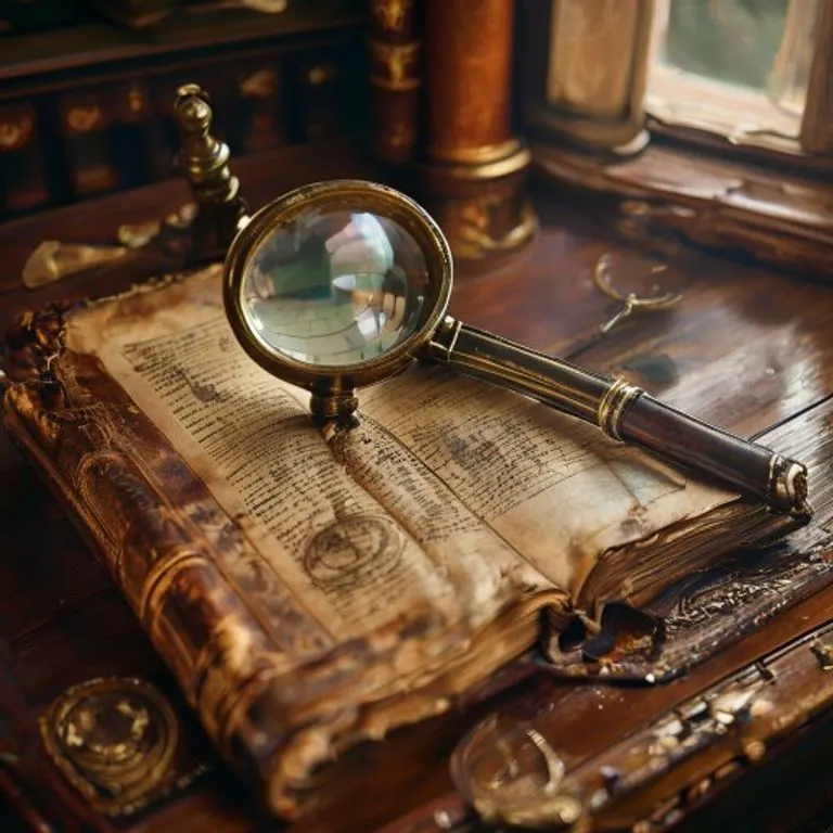 Bodegón cinematográfico con un libro antiguo abierto, lupa, brújula y globo terráqueo sobre un escritorio de madera, simbolizando la búsqueda y el alcance del conocimiento.
