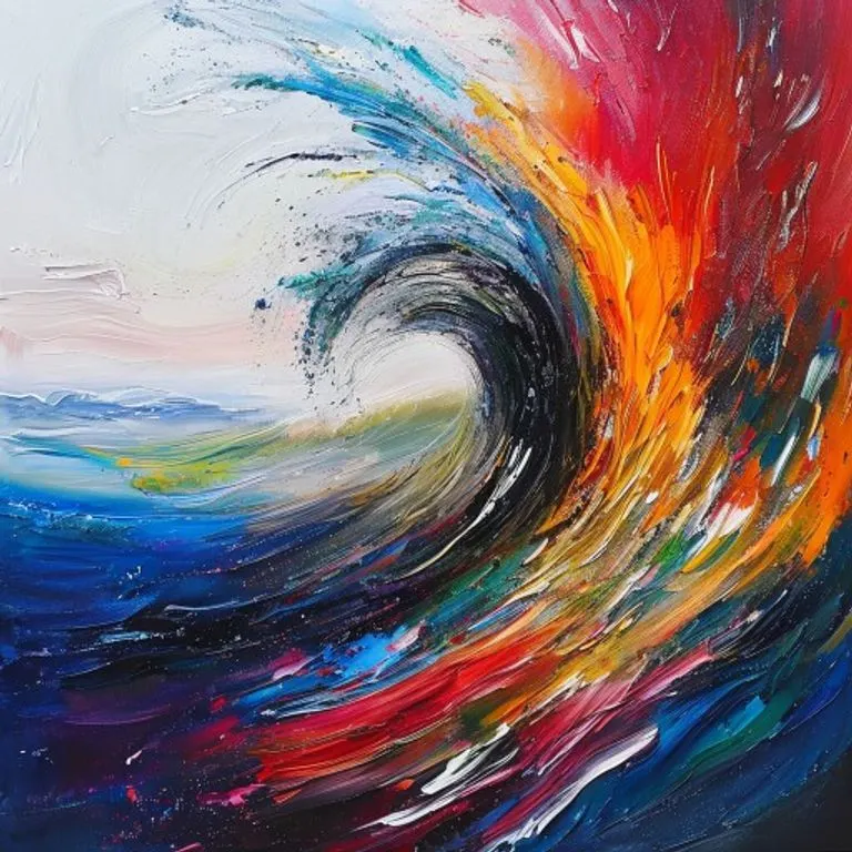 Pintura abstracta de un vórtice de colores vibrantes que se expande, simbolizando la integración de elementos diversos en una visión abarcadora.