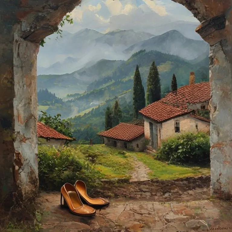Pintura al óleo de albarcas tradicionales cerca de una casa de campo cántabra.