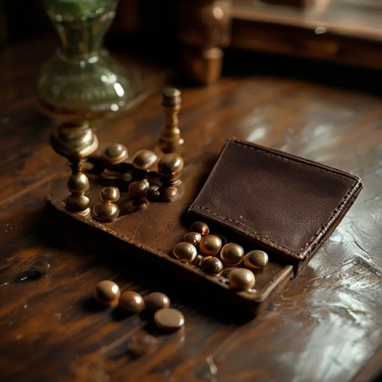 Fotografía cinematográfica de un ábaco antiguo y una cartera de cuero desgastada con monedas, sobre un escritorio de madera pulida, con luz suave y difusa.