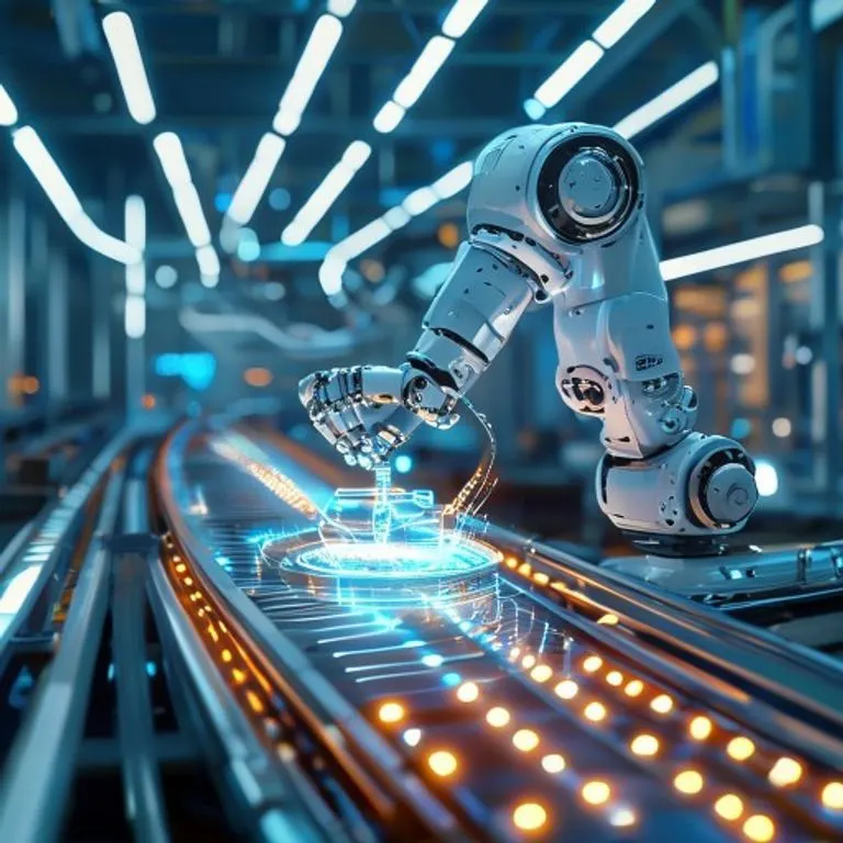 Renderizado 3D de un brazo robótico ensamblando un producto en una cinta transportadora automatizada, con líneas luminosas que representan la eficiencia en un entorno industrial.