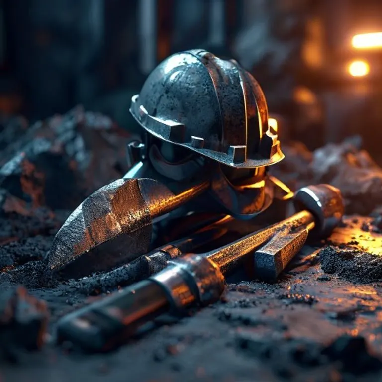Una representación artística en 3D de herramientas de minería como un pico y un casco, con formas geométricas y un brillo industrial, evocando el legado minero de la región.