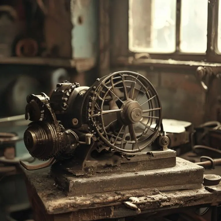 Fotografía vintage de un motor eléctrico antiguo con engranajes, con una pala de ventilador de madera desgastada en un banco de trabajo.