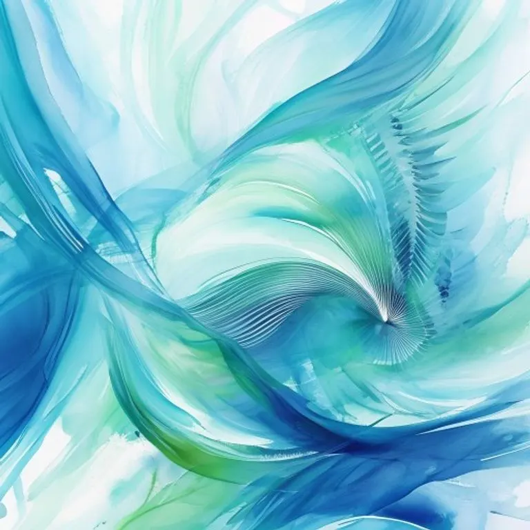 Pintura abstracta de acuarela con tonos azules y verdes arremolinados, simbolizando la circulación del aire y la eficiencia energética.