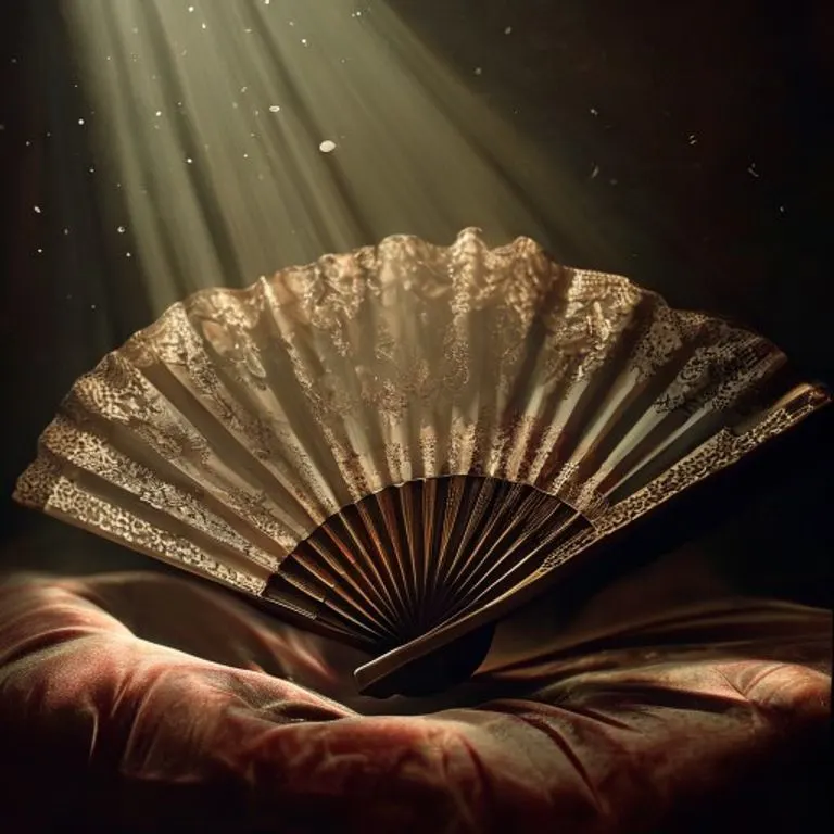Un abanico español antiguo con intrincados detalles de encaje y pintura, reposando sobre un cojín de terciopelo bajo una luz dramática.